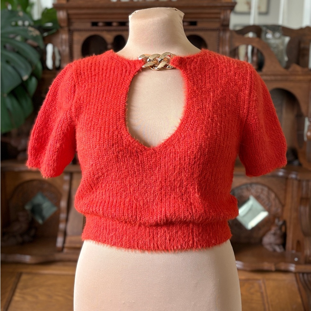 Yellow the Label Orange Short Sleeve Crop Sweater with Gold Chain Accent Size M